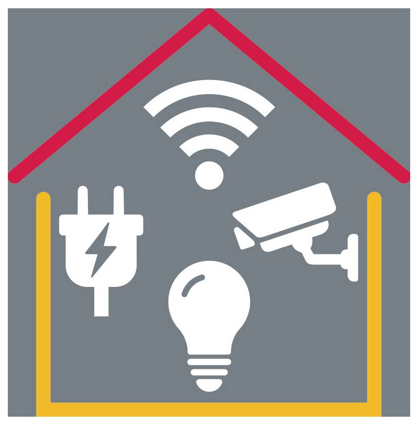 Ikona chytré domácnosti zobrazující Wi-Fi, žárovku, bezpečnostní kameru a napájecí zásuvku uvnitř obrysu domu.