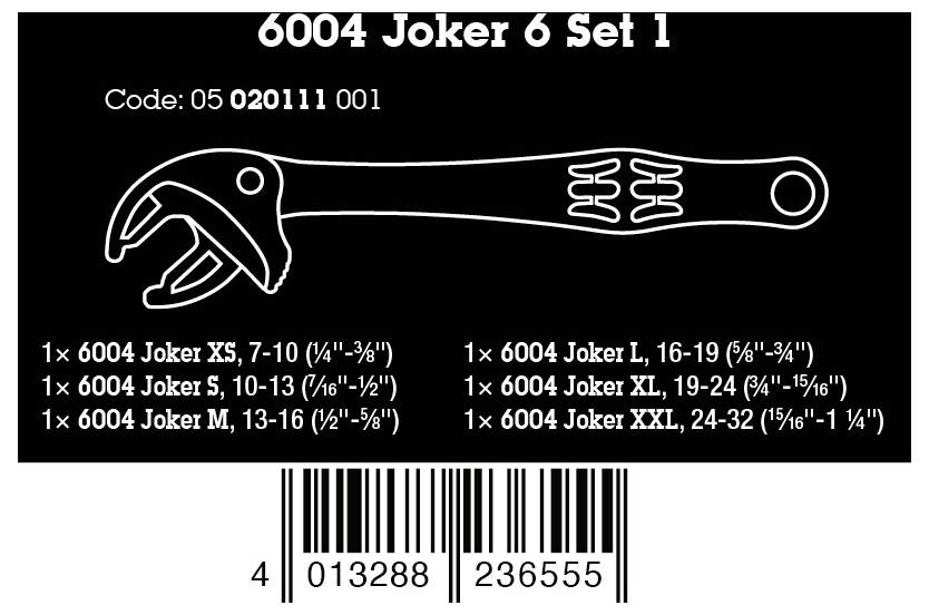 Sada klíčů '6004 Joker 6 Set 1' s ilustrací nastavitelného klíče, rozsahem velikostí, kódem 05 20111 001 a čárovým kódem.