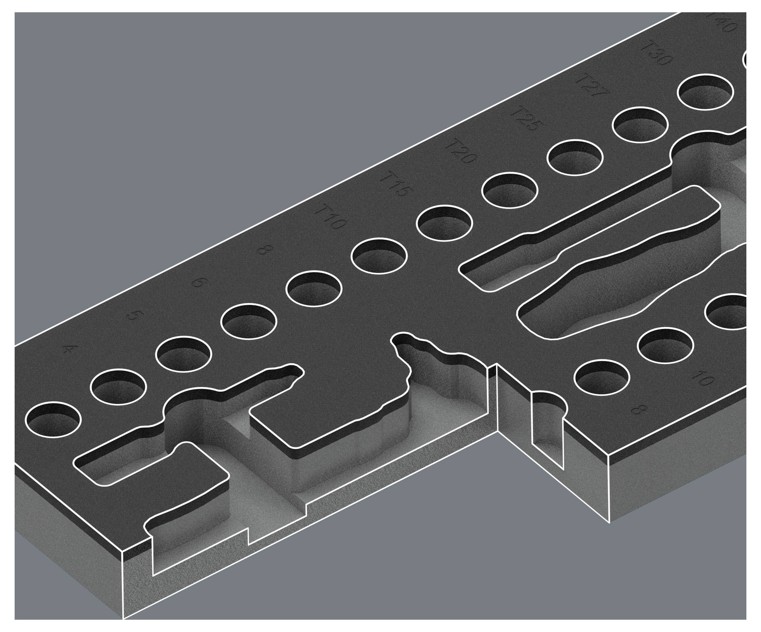 Isometrický kovový plech ve stylu CAD s řadami kruhových otvorů a vyříznutými drážkami, zobrazený v technickém 3D pohledu.