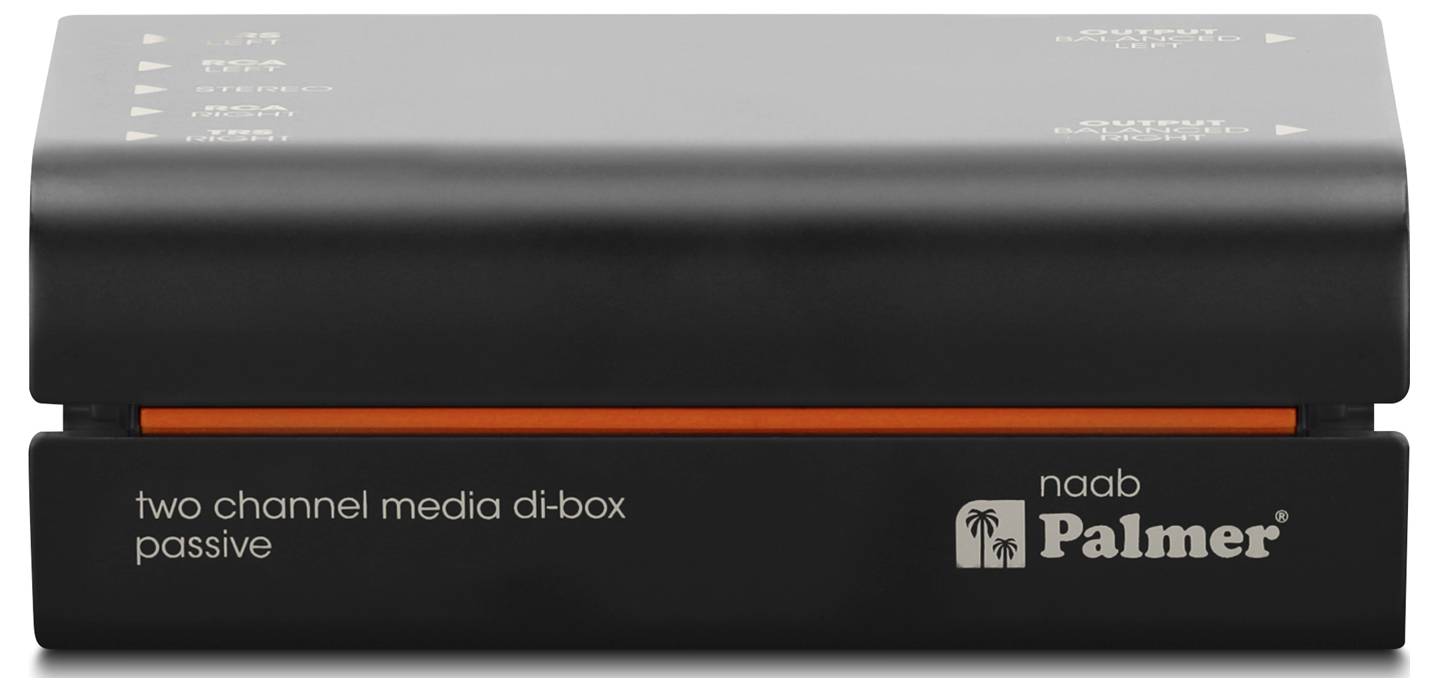 Černá Naab Palmer dvoukanálová mediální DI-box, pasivní jednotka s oranžovým proužkem a bílým logem na přední straně.