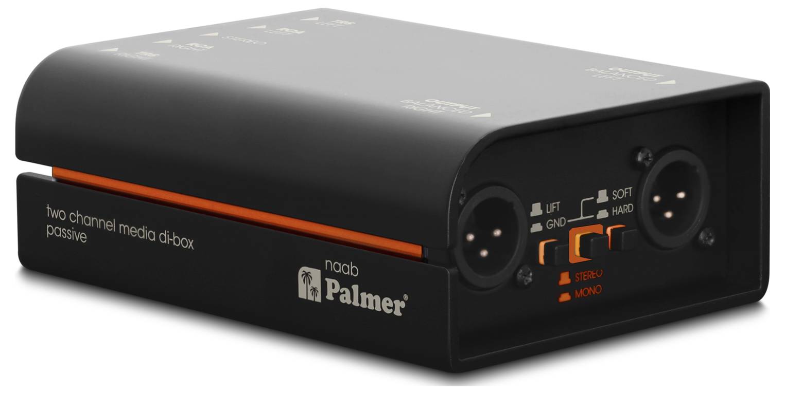 Černá dvoukanálová pasivní DI box s oranžovými akcenty, vstupy a výstupy XLR a přepínači lift/ground a stereo/mono.