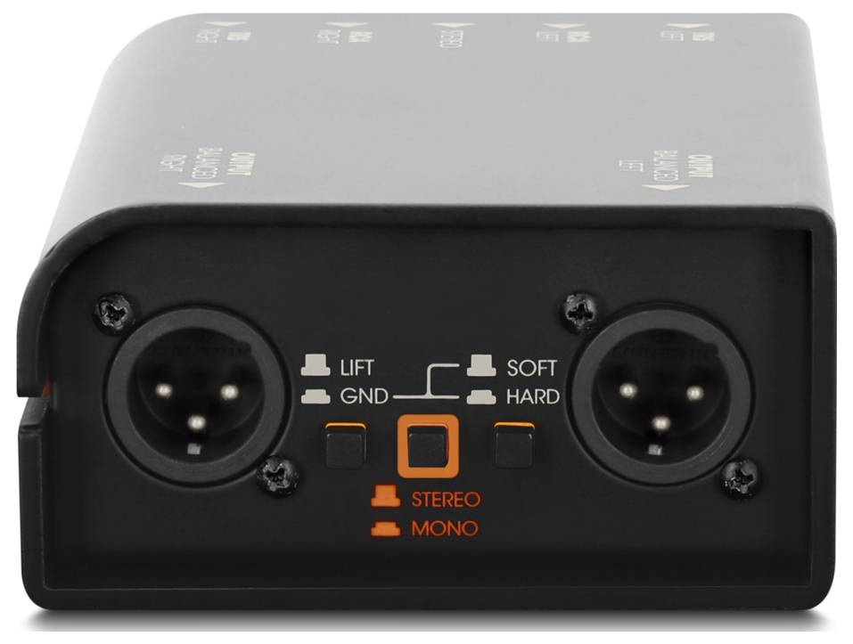 Zadní panel zvukového zařízení se dvěma vstupy XLR označenými „LIFT/GND" a „SOFT/HARD" a spínačem stereo/mono.