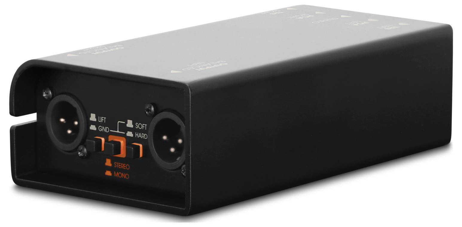 Černé audio zařízení s panelem ovládání na přední straně, dvěma kulatými konektory a štítky pro 'LIFT/GND', 'SOFT/HARD' a 'STEREO/MONO'.