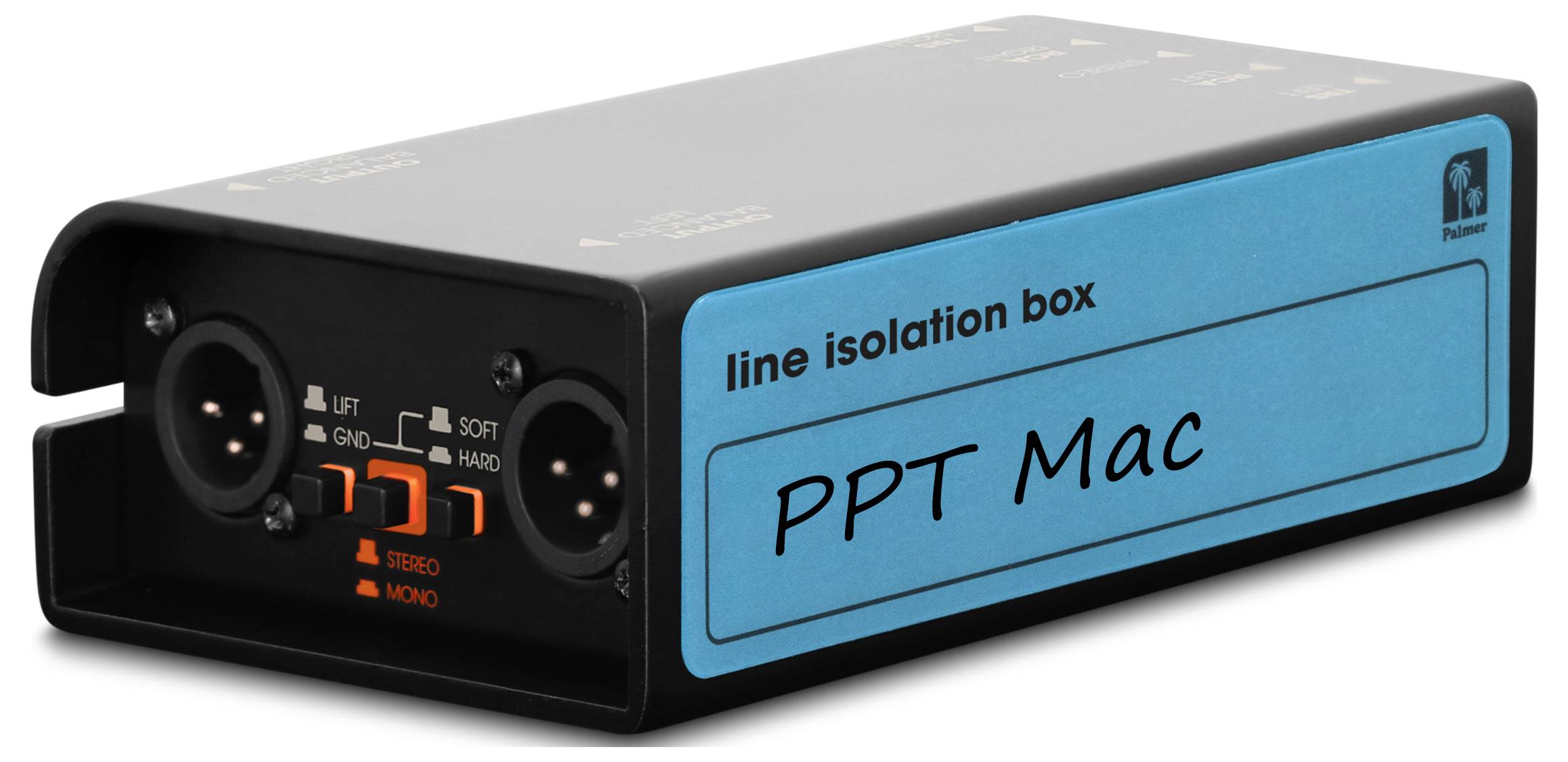 Izolační box s černou linkou označený 'PPT Mac' se vstupními/výstupními audio porty a oranžovými ovládacími přepínači na předním panelu.