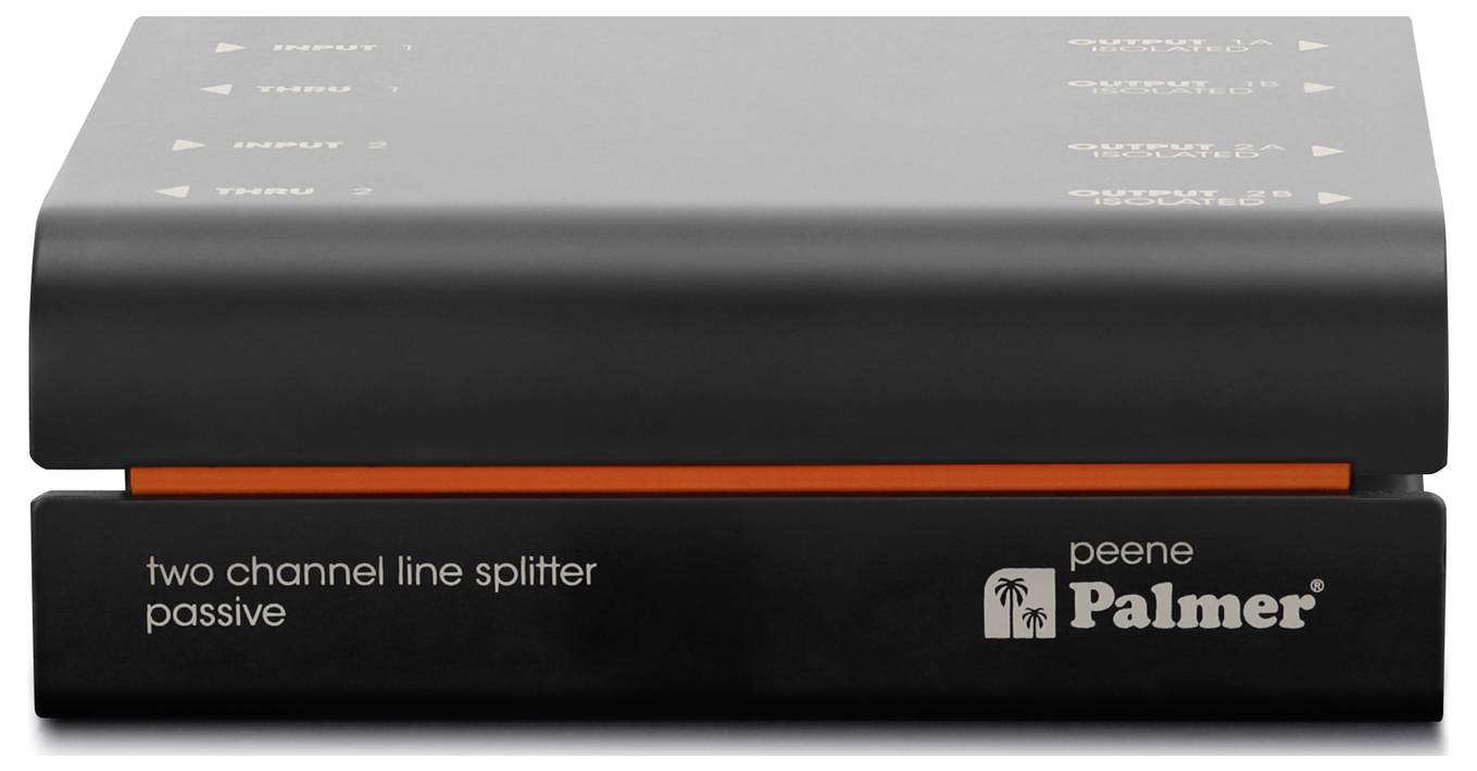 Black Peene Palmer 'dělič linek ve dvou kanálech pasivní' audio zařízení s oranžovým akcentem a předním logem.