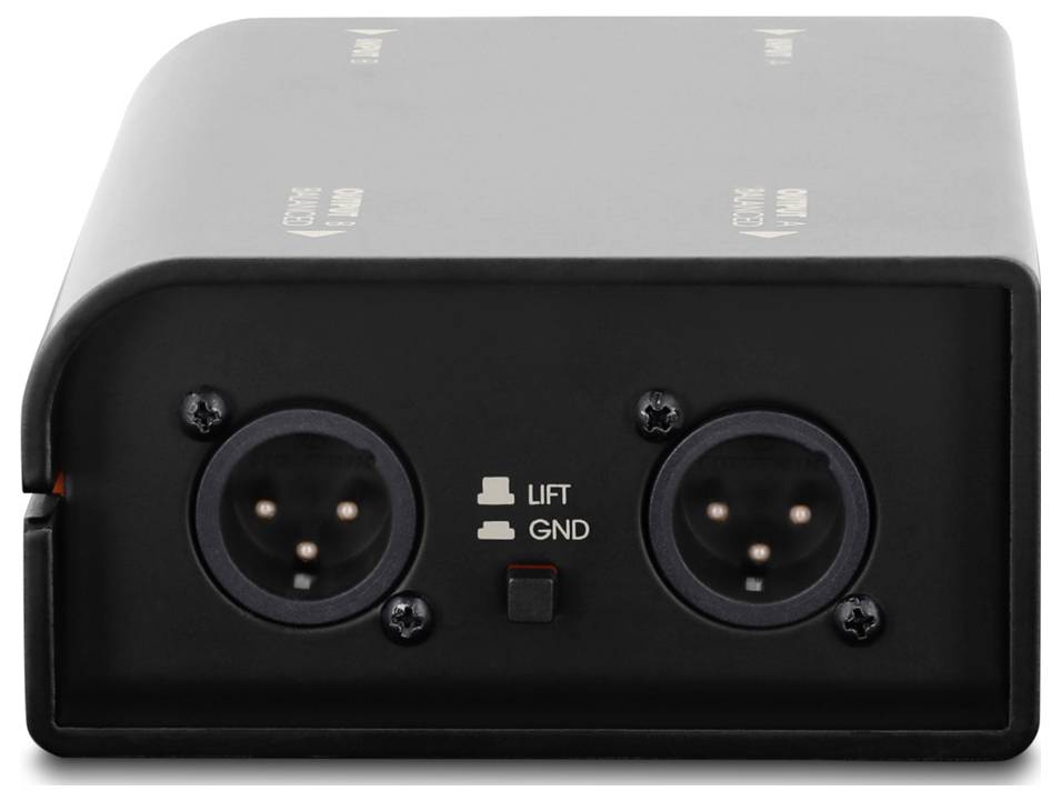 Černé elektrické zařízení se dvěma kulatými 3kolíkovými konektory a centrálním přepínačem "LIFT"/"GND" na předním panelu.