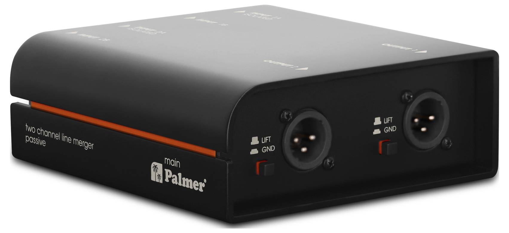 Pasivní audiozvukový přístroj Palmer Black 'Two channel line merger' se dvěma porty XLR na vstup/výstup na přední straně panelu.