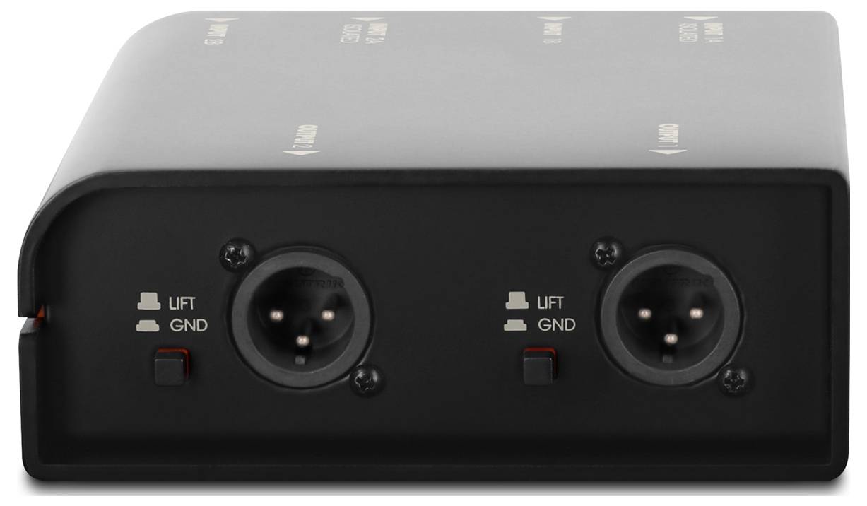 Černá duální XLR audio krabička se dvěma konektory vstup/výstup na předním panelu a přepínači lift/GND uzemnění
