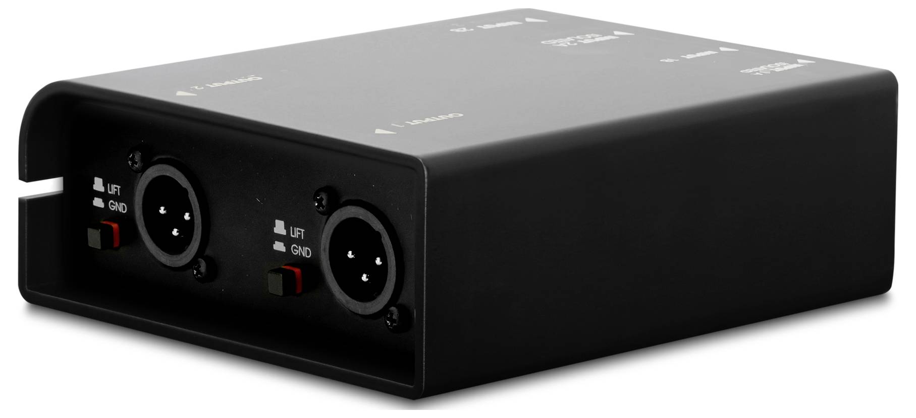 Černé obdélníkové audio zařízení se dvěma předními vstupy stylu XLR a přepínači pro zvednutí/uzemnění, zobrazené v pohledu produktu na bílém pozadí