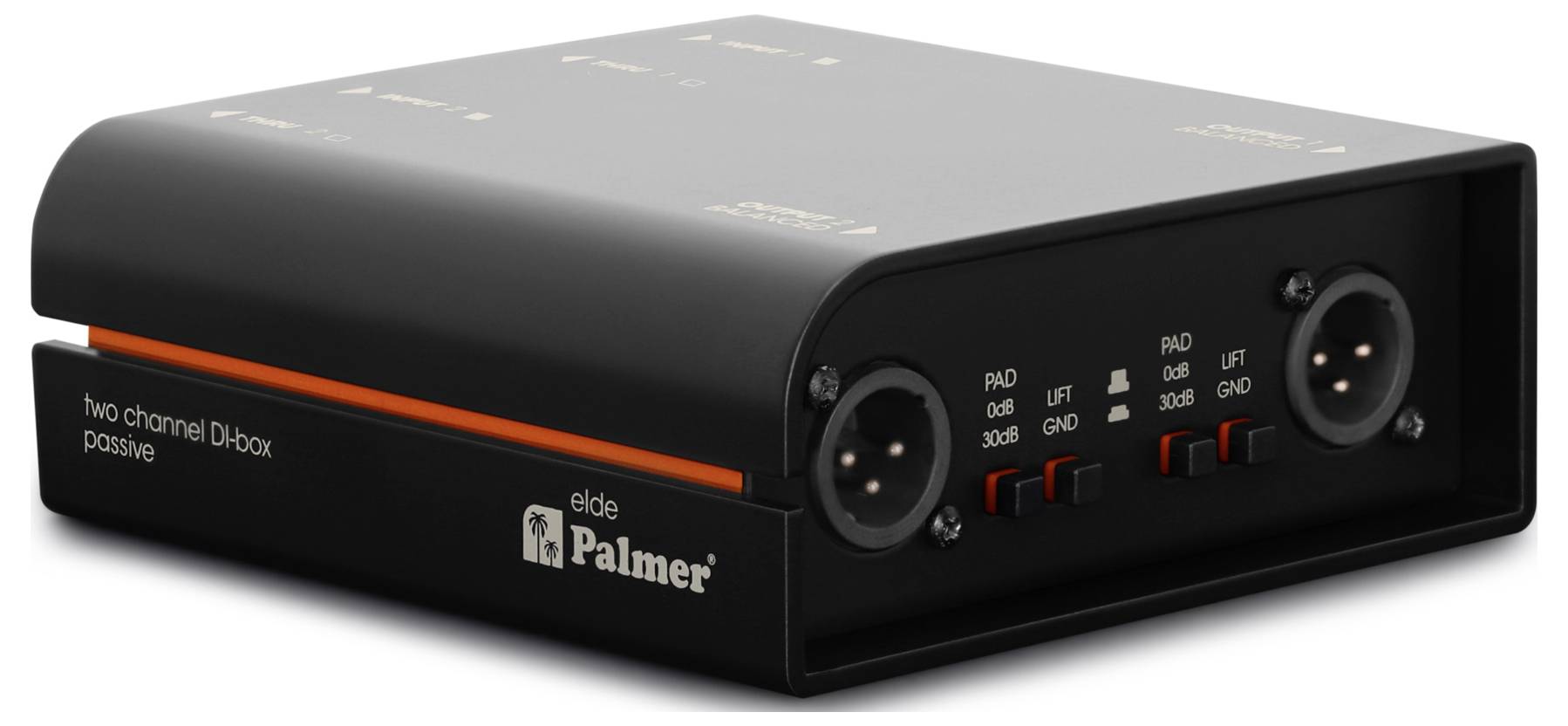 Pasivní DI box Palmer Black se dvěma vstupními konektory, označený na přední straně jako „DI box pro dva kanály pasivní".