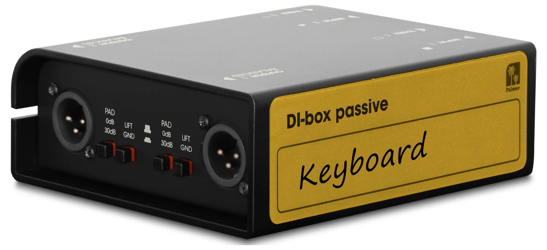 Černá DI-box pasivní zařízení označená "Keyboard" se vstupními a výstupními konektory na čelním panelu.