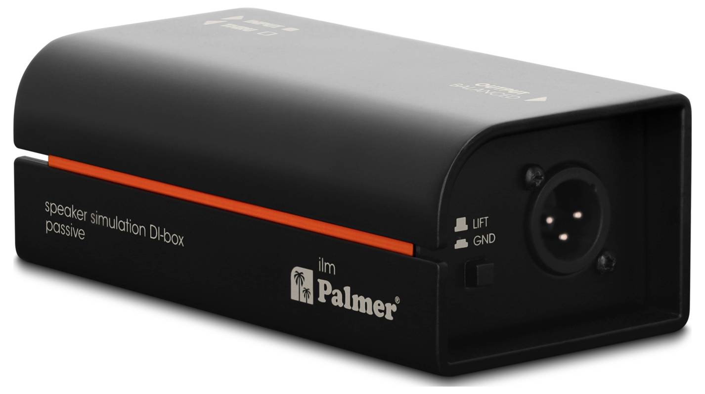Černý Palmer box DI se simulací reproduktoru s oranžovým pruhem a výstupem XLR, označený 'speaker simulation DI-box passive'.
