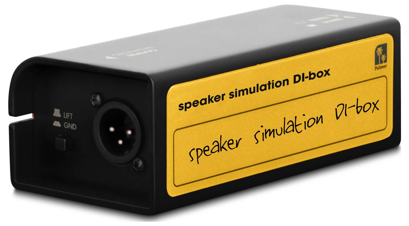 Černý DI box se simulací reproduktoru se žlutým bočním štítkem s textem "speaker simulation di-box" a "speaker simulation".