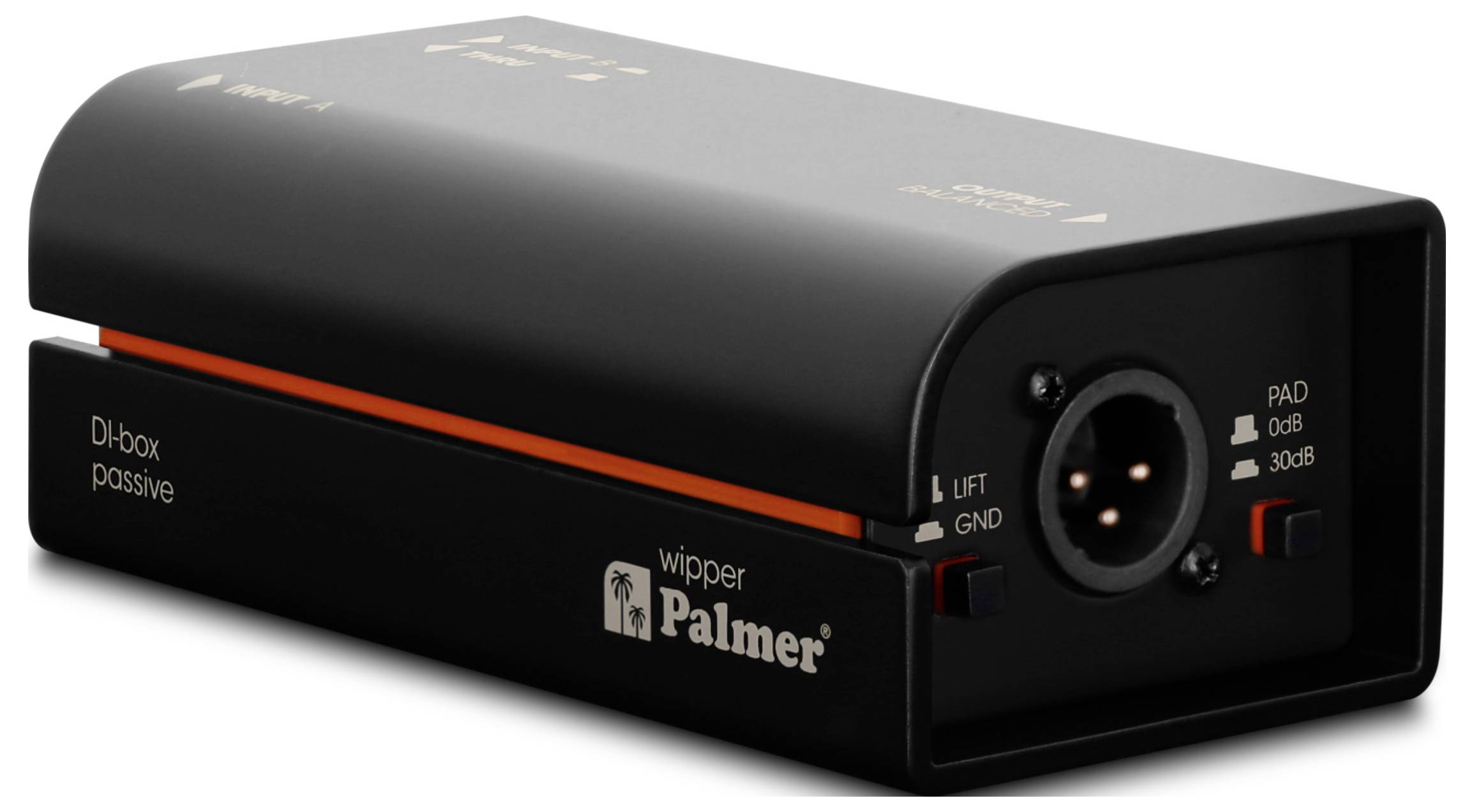 Black Palmer wipper DI-box pasivní audio přímá krabička s XLR výstupem, přepínačem tlumení 0 dB/30 dB, přepínačem lift/ground a oranžovou akcentační linkou.