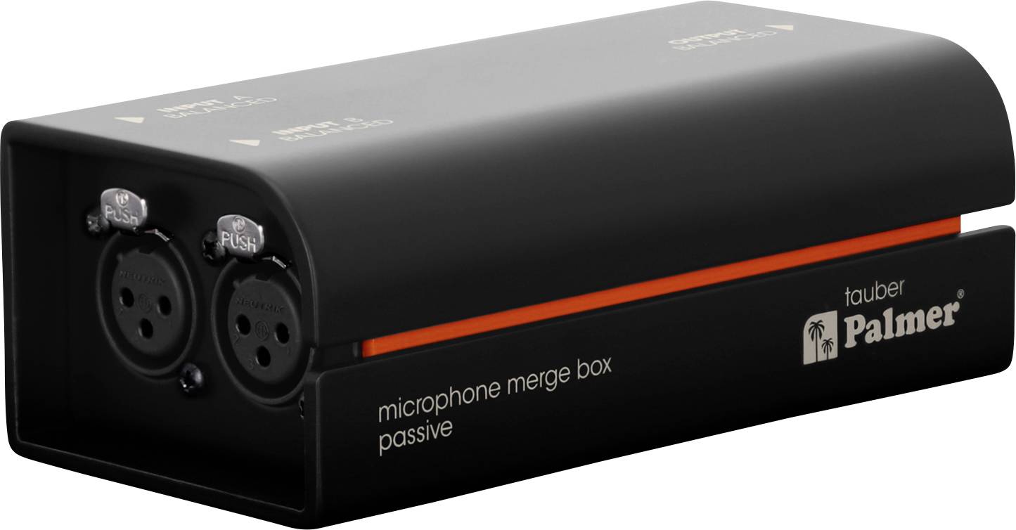 Černý Palmer 'tauber' pasivní mikrofon merge box se dvěma XLR vstupy na přední straně a oranžovým bočním pruhem.