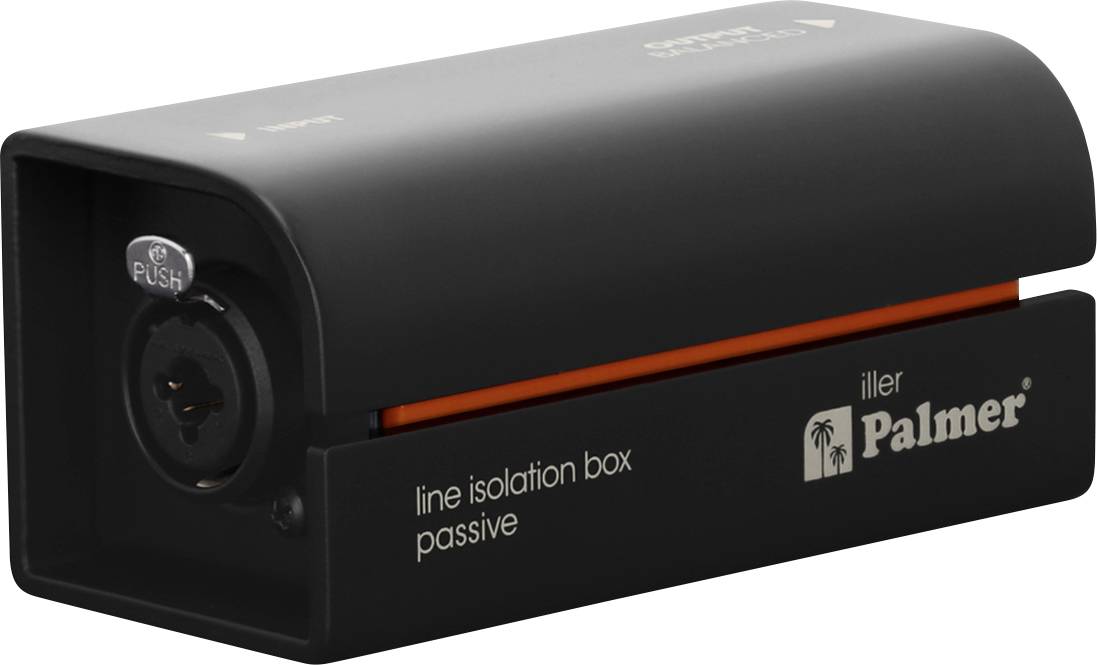 Černý Palmer 'line isolation box passive' audio zařízení s předním tlačítkovým konektorem a oranžovým pruhem.