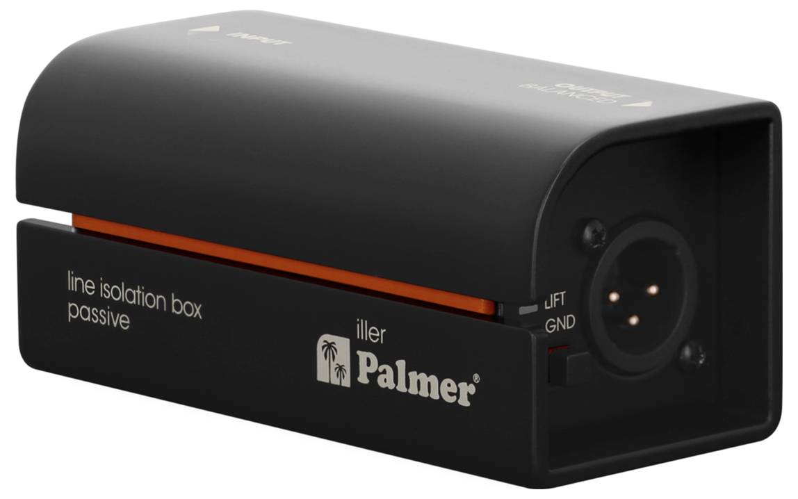Černá přístrojová krabice Palmer line isolation s oranžovým pruhem a bočním XLR konektorem se štítkem LIFT/GND.