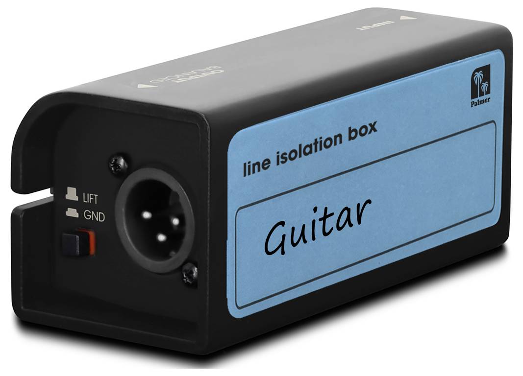 Černá izolační skříňka s modrým štítkem s textem "Guitar" a "LIFT/GND", zobrazená na produktové fotografie.