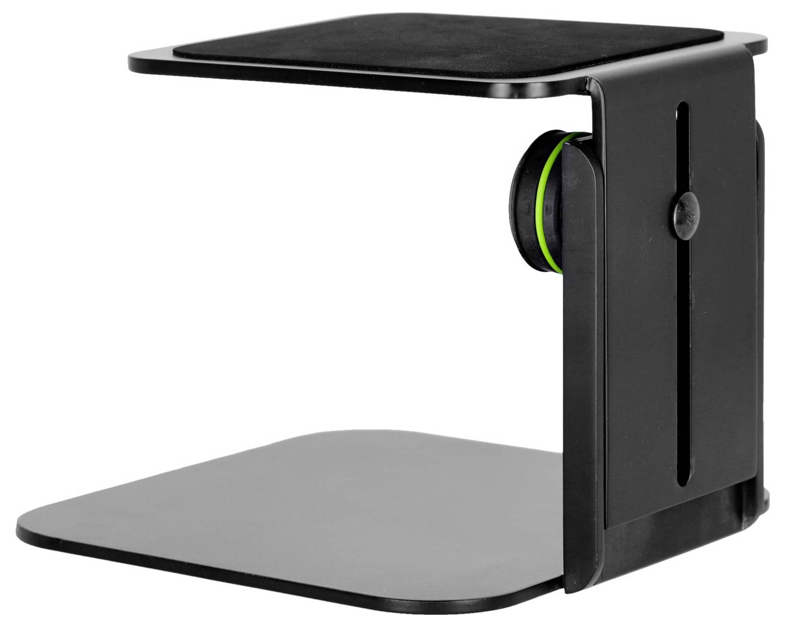 Černý nastavitelný stojan na notebook se dvěma plochými platformami a bočním knoflíkem pro nastavení výšky nebo úhlu.