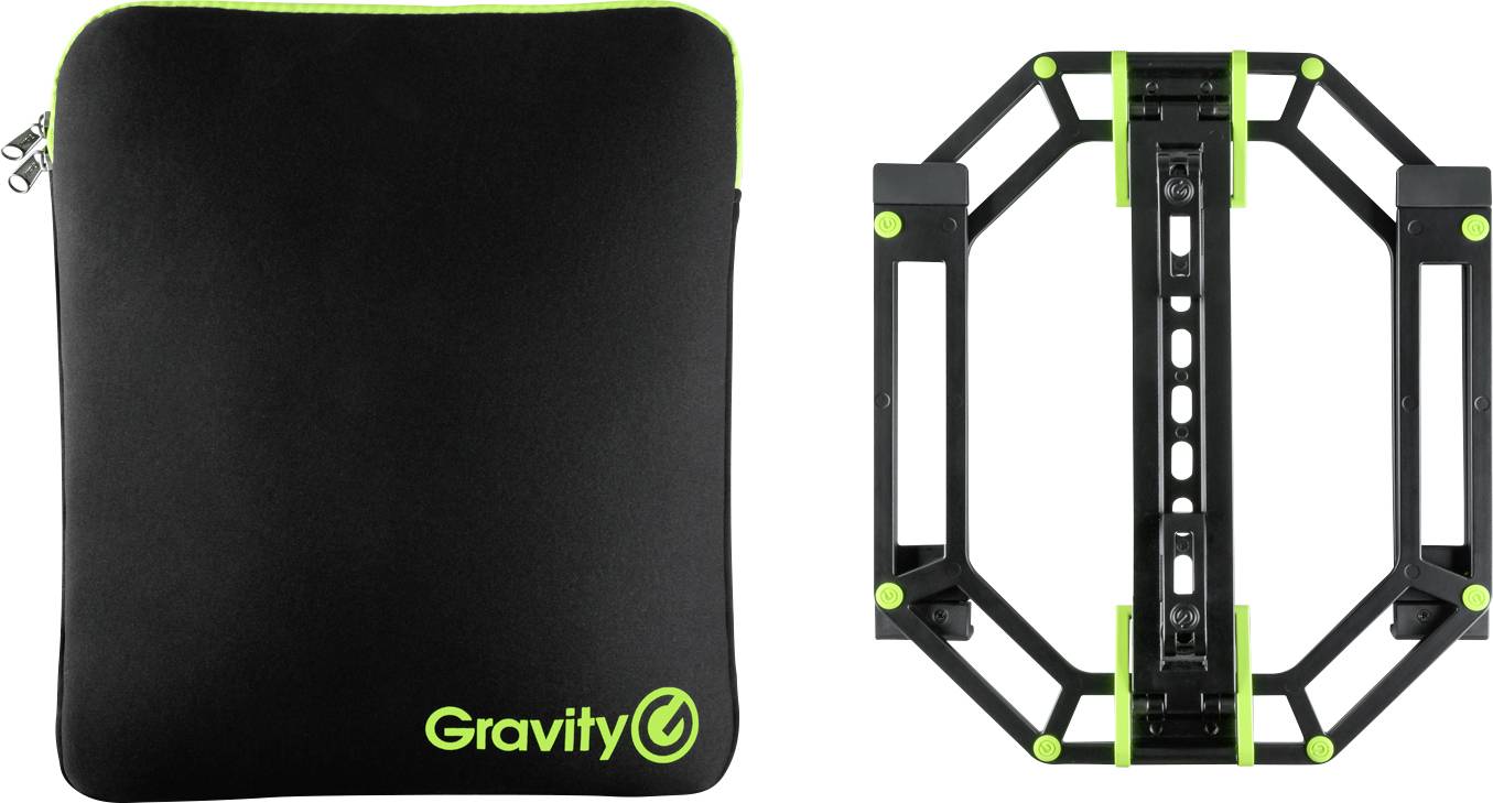 Zavřená přepravní taška Black Gravity zobrazená vedle sklopeného osmibokého rámu se zelenými akcenty a viditelným logem Gravity na tašce.