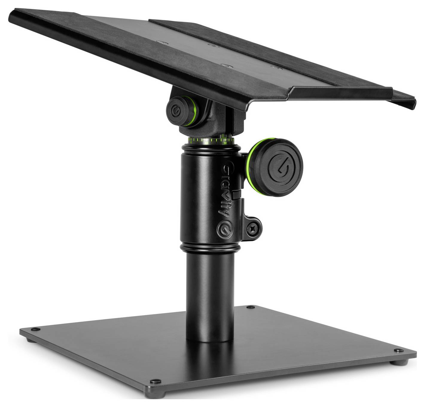 Nastavitelný černý stojan na monitor s naklápěcí horní deskou a váženou základnou na bílém pozadí.