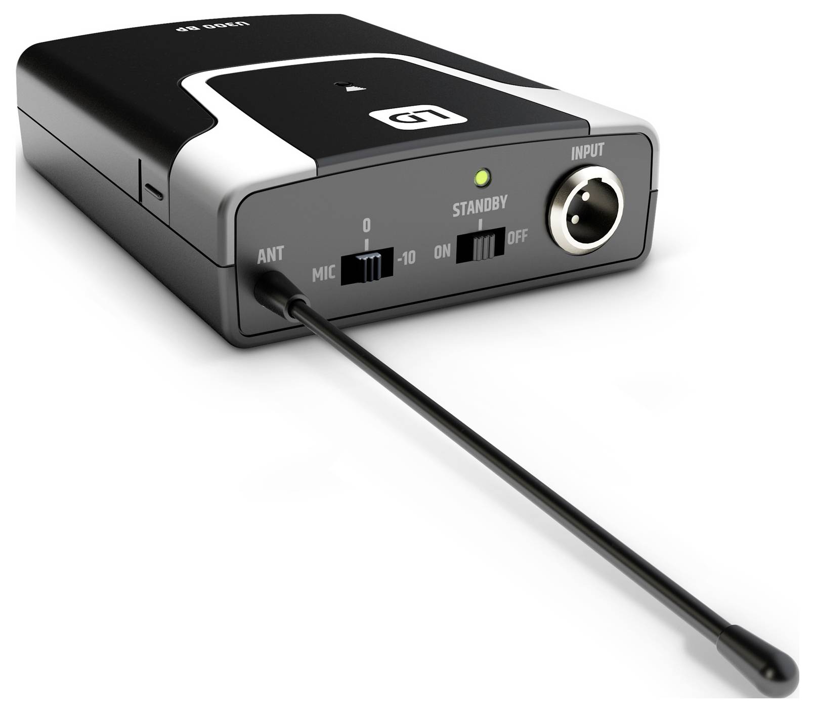 Bezdrátový audio vysílač s anténním kabelem, pohotovostním indikátorem, přepínačem mikrofonu/úrovně, vypínačem a XLR vstupem na předním panelu.