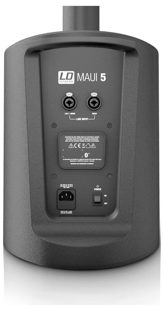 Zadní ovládací panel reproduktoru MAUI 5 LD Systems zobrazující vstupy line-in a line-out, síťový konektor a vypínač zapnutí/vypnutí.