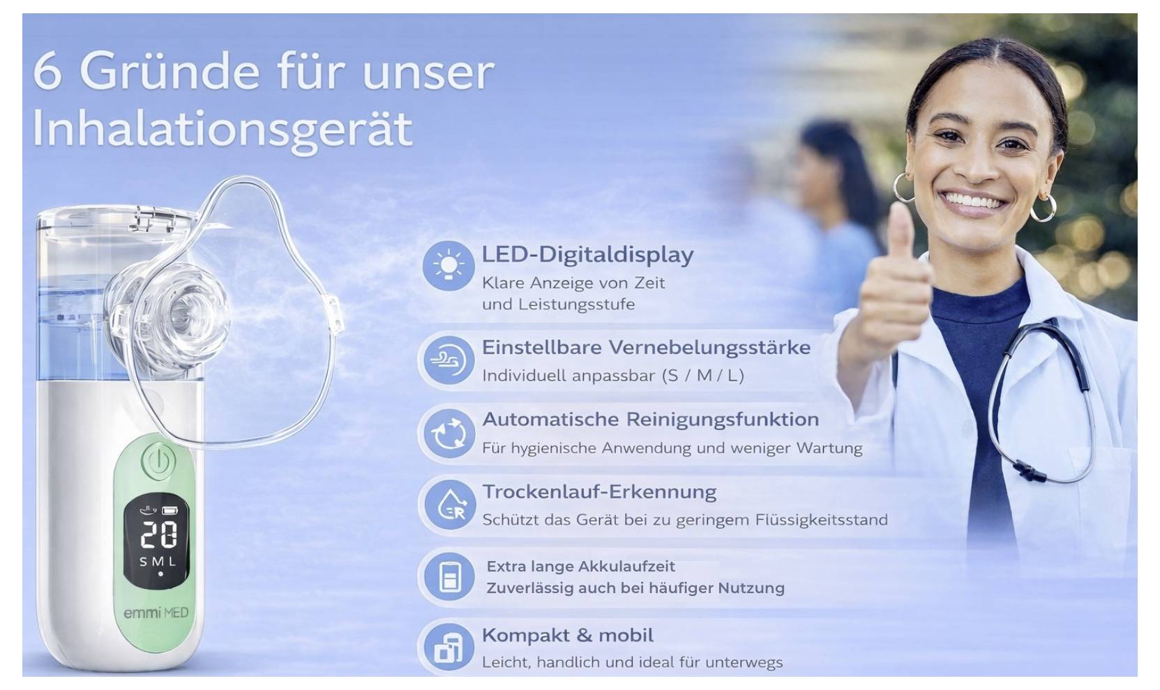 Reklamní grafika inhalačního přístroje se usměvavou ženou a zařízením vlevo; uvádí 6 důvodů, jako jsou LED displej, nastavitelné rozprašování, čištění a dlouhá doba trvání baterie.