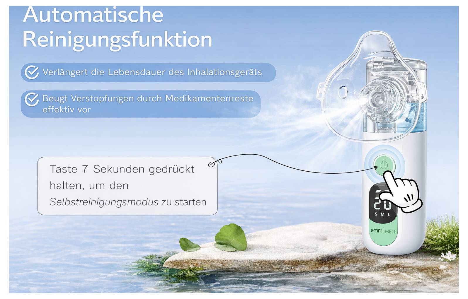 Reklamnı grafika funkce čištění inhalačního zařízení: Název "Automatická funkce čištění", výhody, držet tlačítko 7 sekund pro režim samočištění.