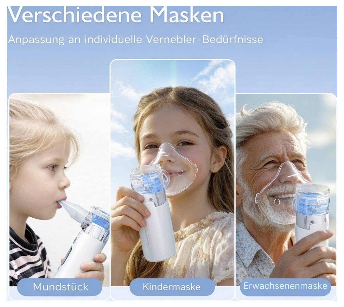 Reklamní grafika se třemi verneblovacími maskami: náustkem, dětskou maskou a maskou pro dospělé pro různé potřeby.
