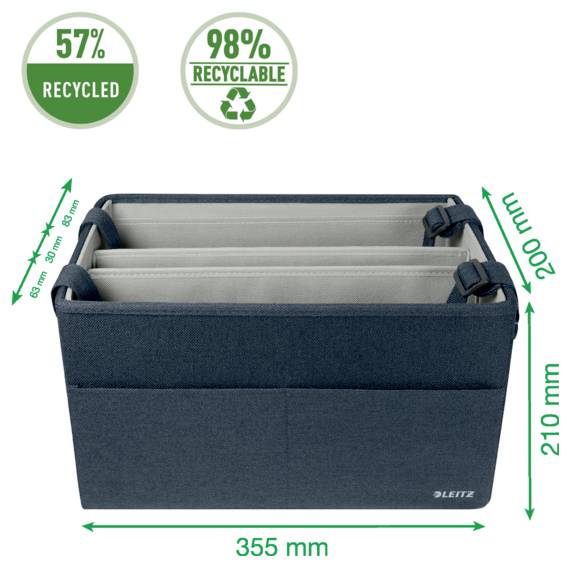 Modrý textilní organizér na dokumenty s rukojetí, zobrazený s rozměry 355 mm na šířku, 210 mm na výšku a 200 mm na hloubku; štítky uvádějí 57 % recyklovaného materiálu a 98 % recyklovatelnosti.