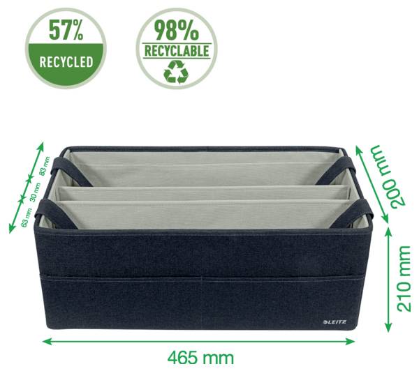 Úložná krabice se třemi oddíly, rozměry 465 mm na šířku, 210 mm na výšku a 200 mm na hloubku; označena jako 57% recyklovaná a 98% recyklovatelná.