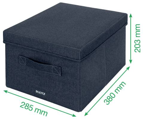 Černá textilní úložná krabice s víkem a rukojetí, označená rozměry 285 mm na šířku, 380 mm na hloubku a 203 mm na výšku.