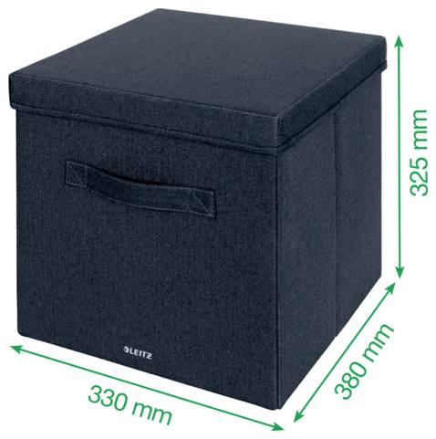 Černá textilní úložná krychle s víkem, zobrazující rozměry 330 mm na šířku, 380 mm na hloubku a 325 mm na výšku.