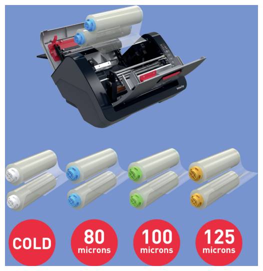 Obrázek tiskárny nebo laminátu se čtyřmi válci různých velikostí označenými „COLD", „80 mikronů", „100 mikronů" a „125 mikronů", které ukazují možnosti tloušťky materiálu.