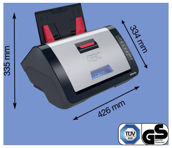 Obrázek produktu papírové triturátoru GBC zobrazující rozměry 426 mm na šířku, 335 mm na výšku a 334 mm na hloubku, s bezpečnostními logy TÜV a GS.