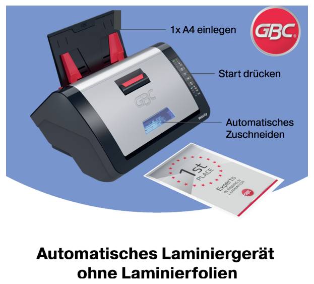 Grafika automatického laminovacího stroje GBC s německými popisky zobrazující: vložit 1x A4, stisknout start a automatické ořezávání; titulek říká „Automatický laminátor bez laminovacích obálek"