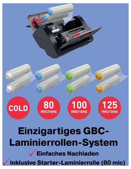 Propagační grafika laminátoru GBC s jednoduchým zatížením válečků, ukazující vyměnitelné laminovací válečky v možnostech studeného provedení, 80, 100 a 125 mikronů.