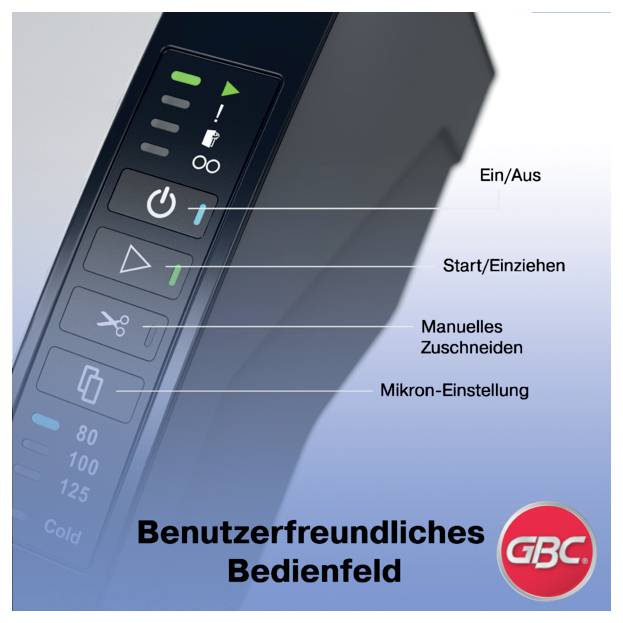 Detailní pohled na ovládací panel zařízení GBC s označenými tlačítky pro zapnutí/vypnutí, spuštění/podávání, ruční ořezávání a nastavení mikron; text říká „Uživatelsky přívětivý ovládací panel".