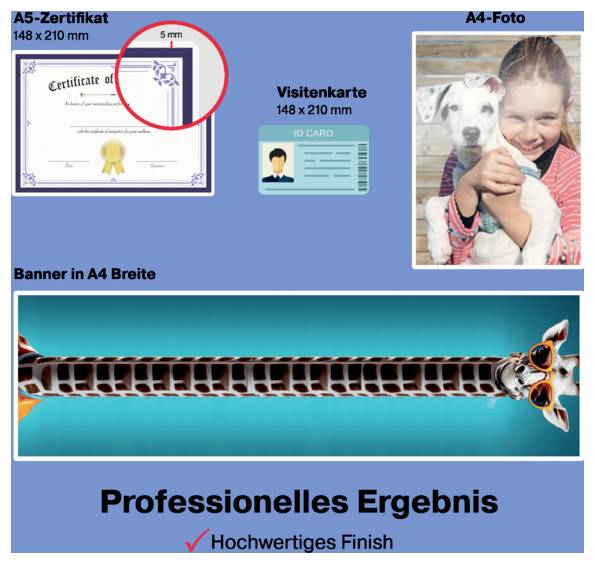 Německé tiskové rozložení zobrazující příklady certifikátu A5, fotografie A4, vizitky a širokého banneru s textem "Profesionální výsledek" a "Vysoce kvalitní zpracování".