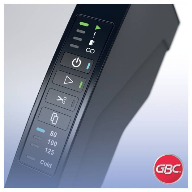 Detailní pohled na ovládací panel laminátoru GBC s ikonami napájení, spuštění, zpětného chodu/řezu a nastavením teploty 80, 100, 125, Studená.
