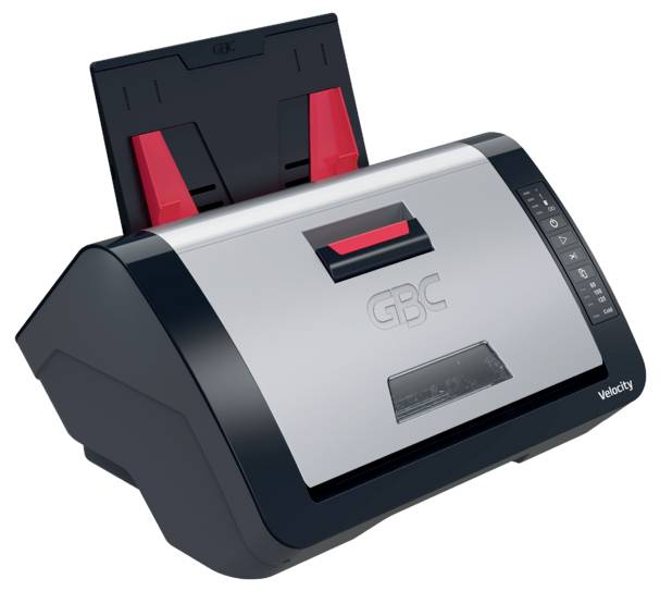 Stolní skener dokumentů GBC Velocity s podavačem papíru a ovládacím panelem, zobrazen v úhlu na bílém pozadí.