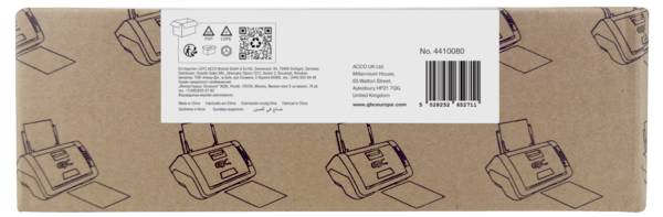 Papírová přepravní krabice s bílým štítkem produktu obsahujícím QR kód, čárový kód, číslo položky 4410080 a vytištěné údaje o adrese/podrobnosti expedice.