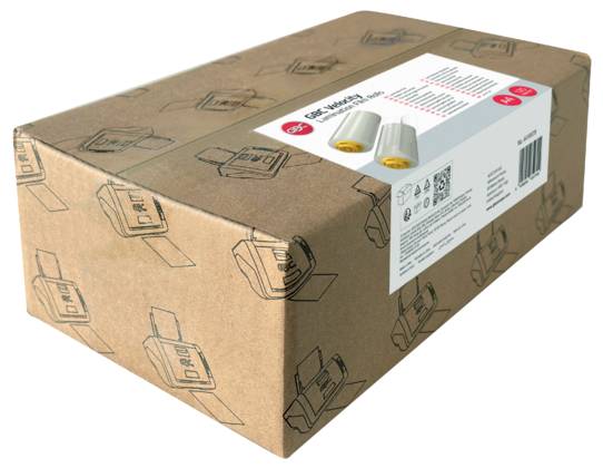Kartonová přepravní krabice s etiketou produktu a dvěma bateriemi vyobrazenými na horní straně.