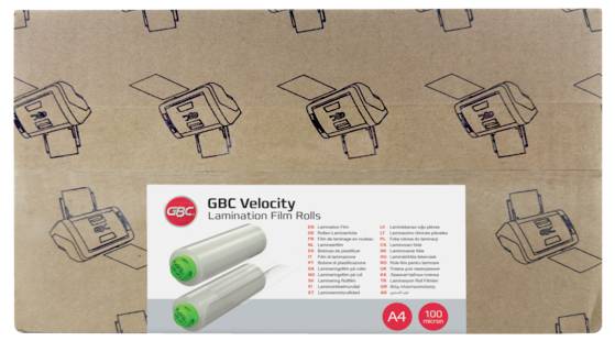 Zabalené role laminovací fólie GBC Velocity s návštěvkou produktu ukazující A4 a 100 mikronů na vzorovaném pozadí obalu.