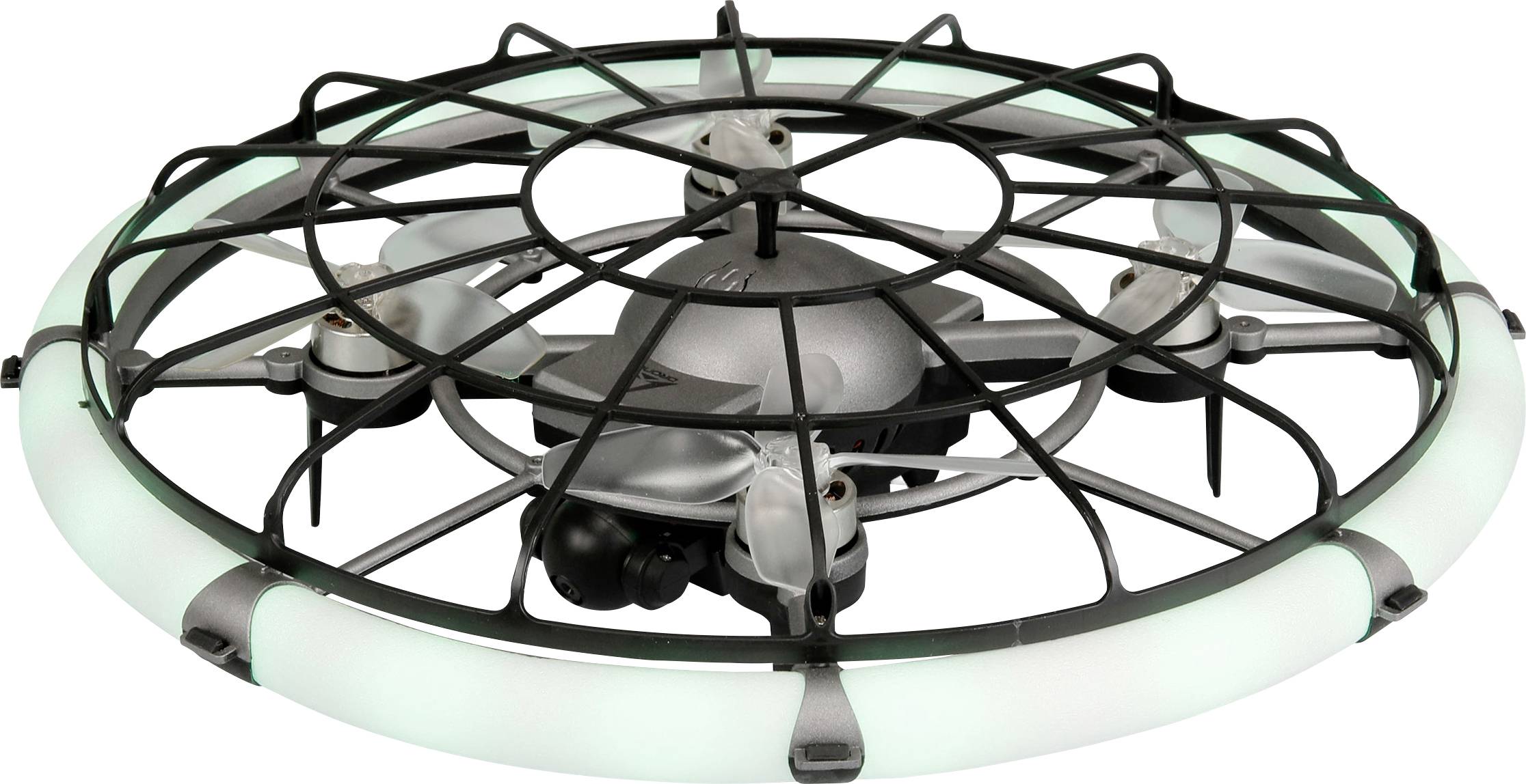 Malý kruhový dron s ochrannou klecí a zářícím prstencem kolem okraje, zobrazený izolovaně na bílém pozadí.