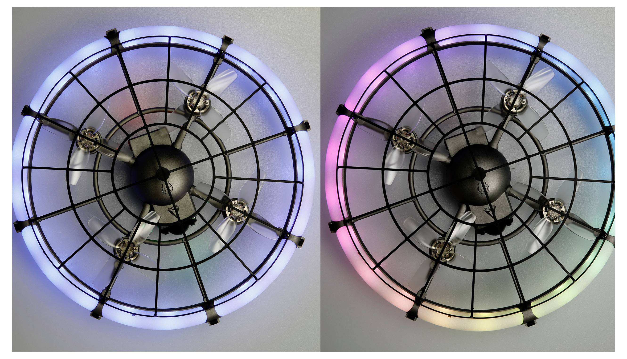 Dva pohledy na kulatý stropní ventilátor s černou ochrannou klecí a svítícím mnobarevným LED prstencovým osvětlením