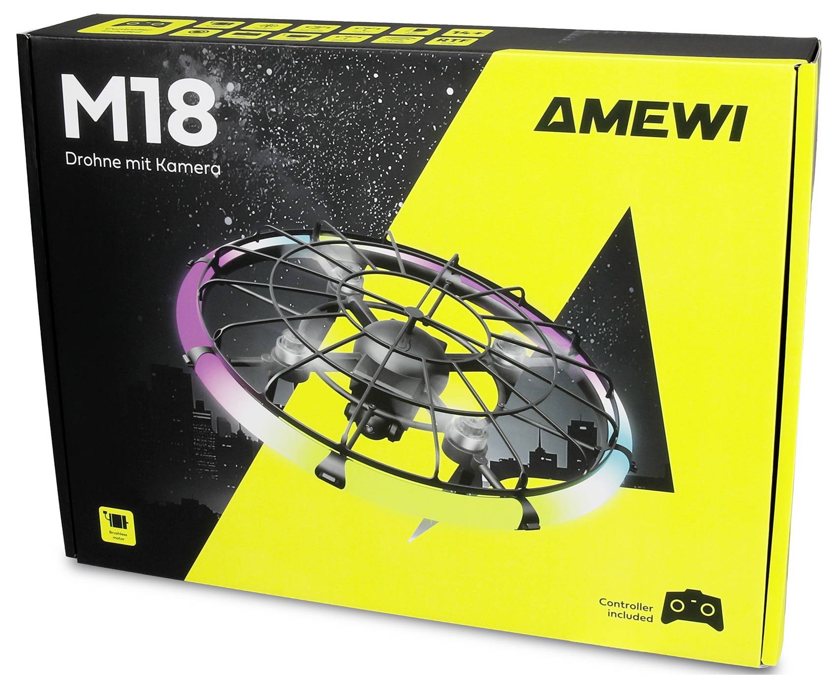 Dron AMEWI M18 s kamerou, zobrazen na krabici produktu; kontrolér je součástí balení.