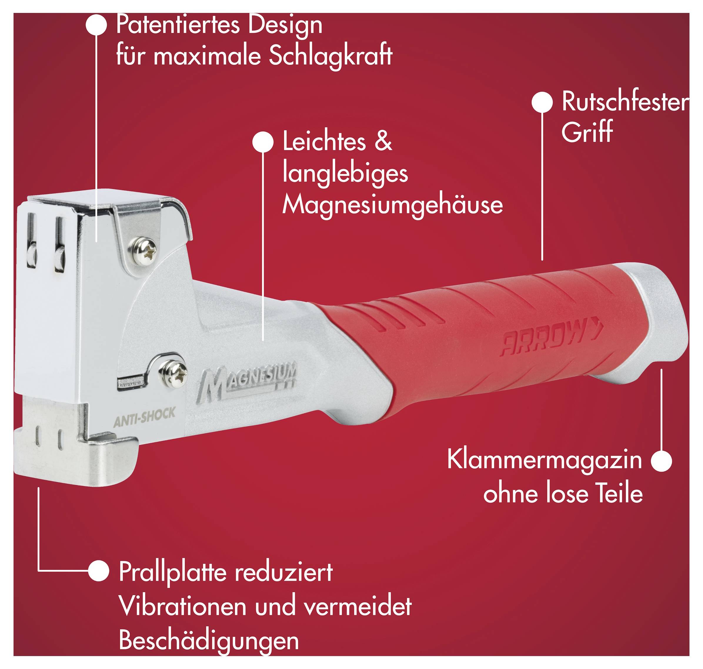 Červená a stříbrná ruční sešívačka s německými štítky zdůrazňující patentovaný design, hliníkové pouzdro, protiskluzová rukojeť a deska snižující vibrace při nárazu.