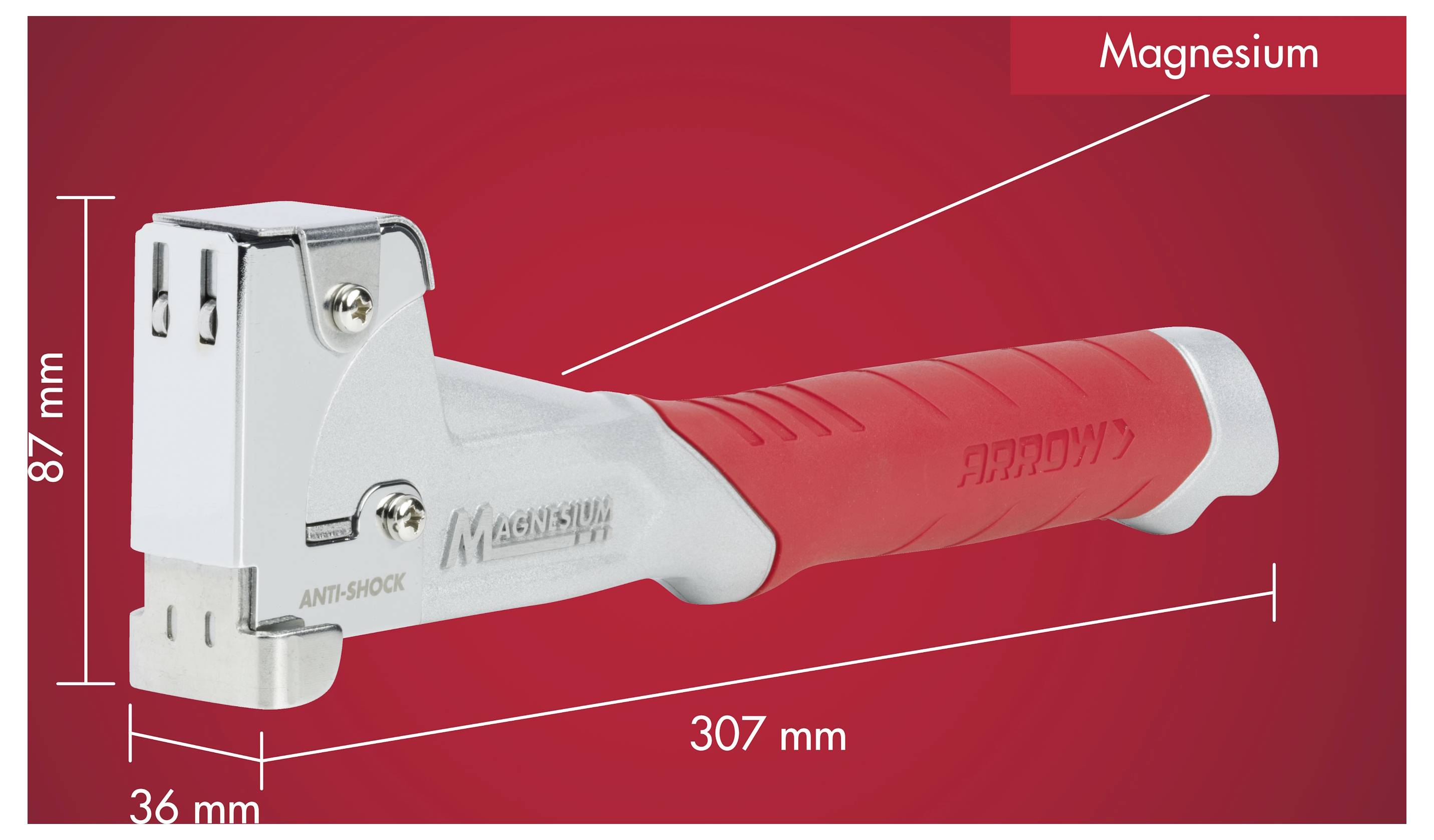 Hořčíkový ruční nástroj zobrazený na červeném pozadí s vyznačenými rozměry 307 mm na délku, 87 mm na výšku a 36 mm na šířku.